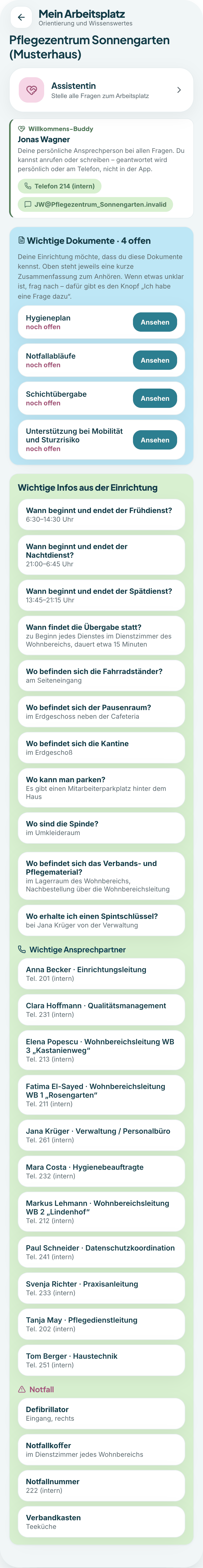 Mein Arbeitsplatz: Willkommens-Buddy, wichtige Dokumente, häufige Fragen, Ansprechpersonen und Notfall-Infos
