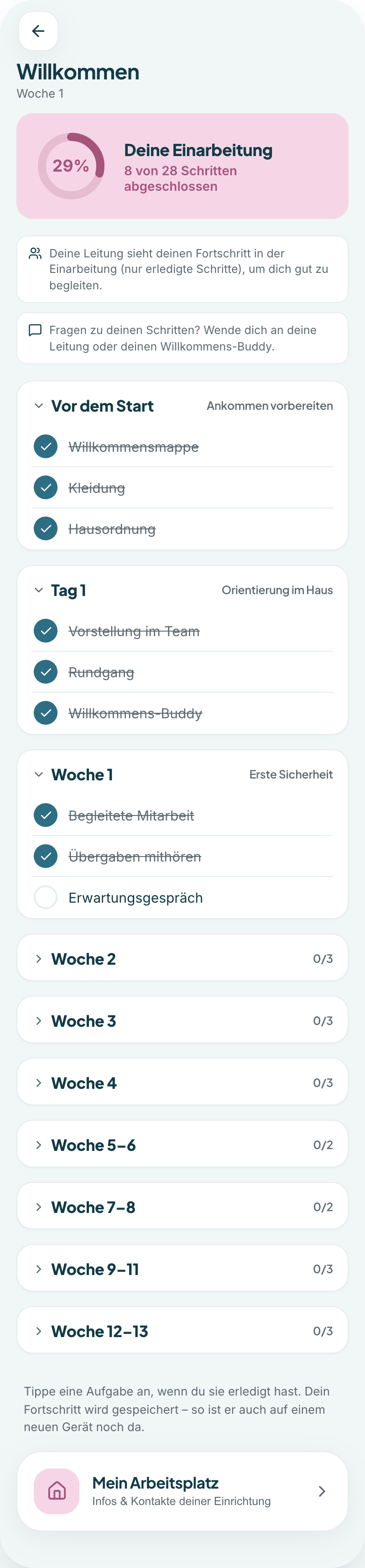 Meine Einarbeitung: Fortschritt und Schritt-für-Schritt-Plan Woche für Woche