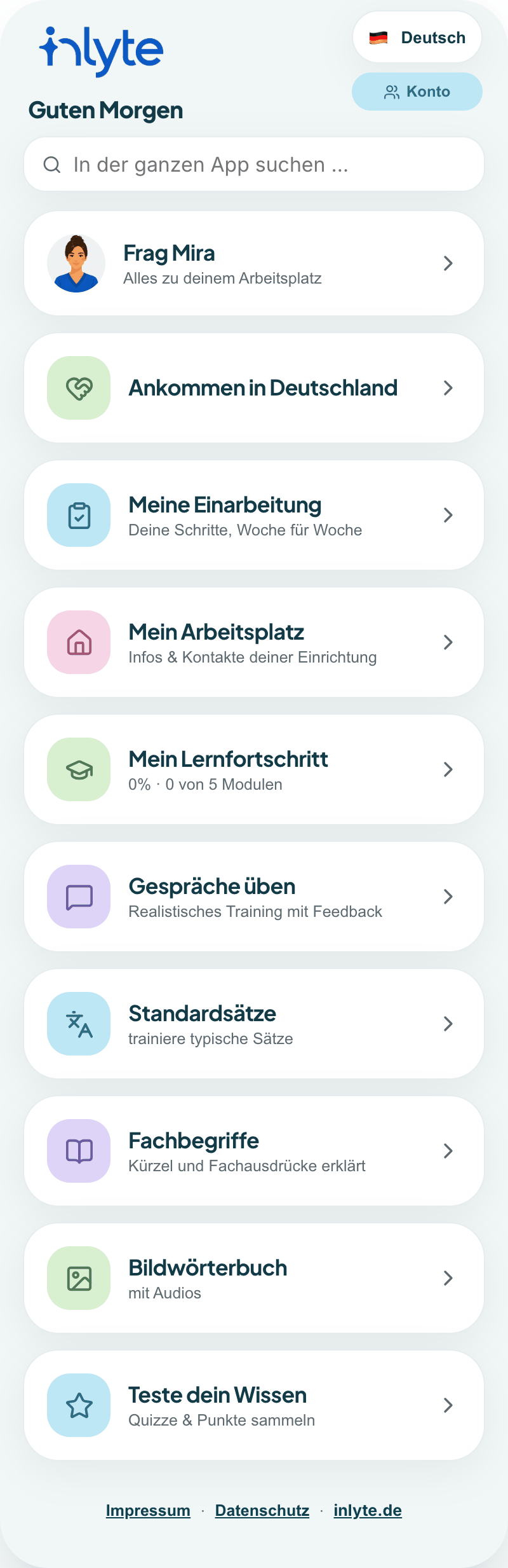 App-Startseite: alle Module auf einen Blick